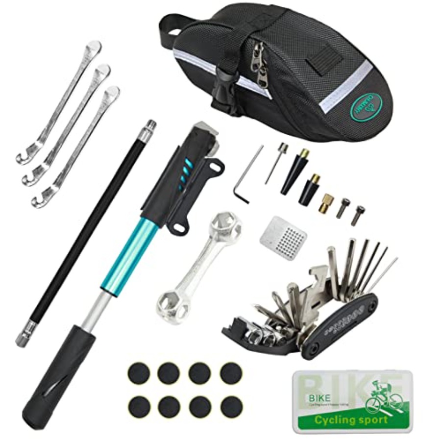 Mountain Biking Kit - 自転車修理キットには、16-in-1ツール、120Psiミニ自転車ポンプ、タイヤパッチが含まれており、マウンテンバイク/ロードバイクに使用されます。 青